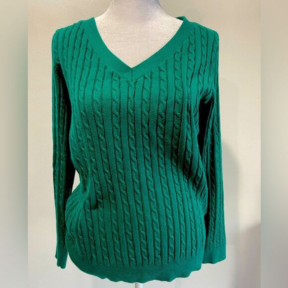 Talbots Cable knit sweater classic V neck green business office women’s LP - Picture 5 of 6